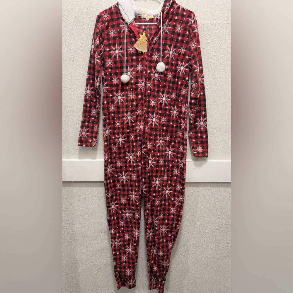 Merry Christmas by Poof! Buffalo Plaid with Snowflake One Piece Pajamas NWT M